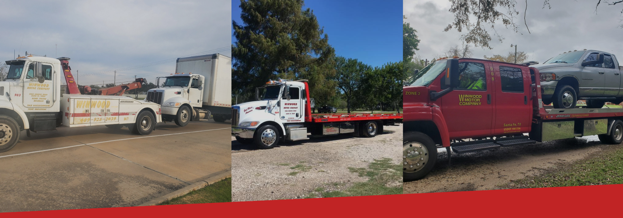 collage of towing trucks with one towing truck hauling a freezer